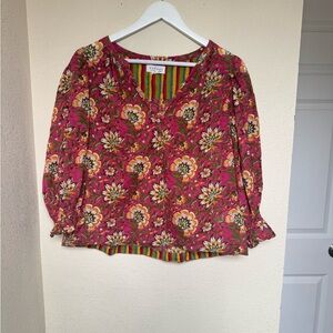 Velvet Pink Floral V-Neck Puff Sleeve Blouse